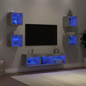 vidaXL Vidaxl - Muebles Tv Pared Con Led 7 Pzas Madera Ingenier&iacute;a Gris Hormig&oacute;n