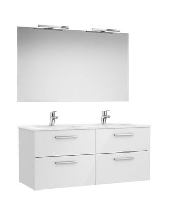 Roca Roca - Pack Mueble De 4 Cajones + Lavabo Doble + Espejo + Apliques Led Victoria Color: Blanco Brillo