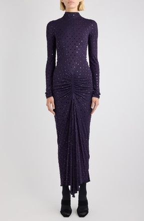 Alaia Crystal Embellished Ruched Long Sleeve Jersey Dress in Aubergine/Noir at Nordstrom, Size 4 Us