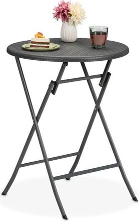 Relaxdays Mesa De Jard&iacute;n Plegable, Redonda, 75 X 60 Cm, Efecto Rat&aacute;n, Pl&aacute;stico Y Metal, Mesita Balc&oacute;n Y Exterior, Marr&oacute;n - Relaxdays
