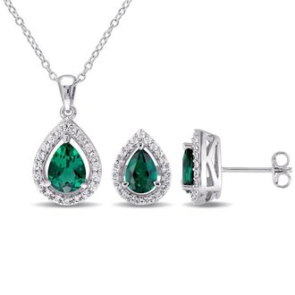 Amour 3 1/5 CT TGW Created Emerald and Created White Sapphire Teardrop Halo Pendant with Chain and Stud Earrings Set In Sterling Silver