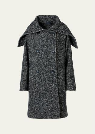 Akris Lamb Shearling Collar Double-Breasted Wool Herringbone Coat