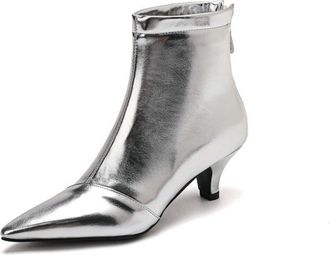 Generic Womens Ankle Boots with Pointed Toe & Kitten Heel, Back Zipper for Evening & Casual Wear,Silver,6.5 UK