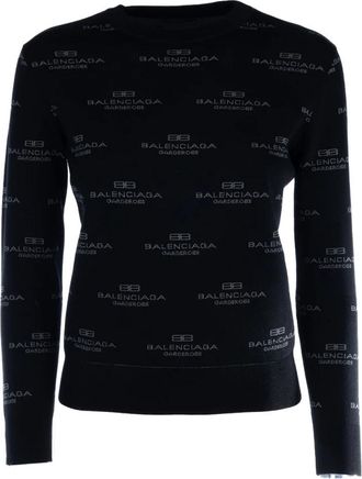 Balenciaga All-over Logo Crewneck Knit - Dames - Ronde hals truien - Zwart - S - Katoen - Truien & Vesten