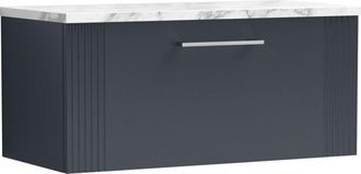 Balterley Balterley - Retro 1 Drawer Wall Hung Vanity Unit with Carrera Marble Laminate Worktop - 800mm - Satin Soft Black