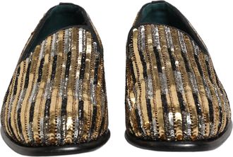 Dolce & Gabbana Mens Gold Striped Sequin Embellished Loafer Shoes Leather