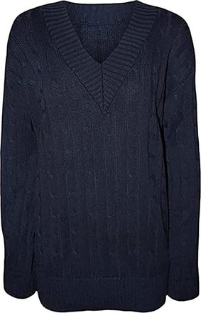 Purple Hanger Womens New Long Sleeves Ladies Cable Knitted V Neck Stretch Cricket Sweater Jumper Top Plus Size (24-26, Plain Navy)