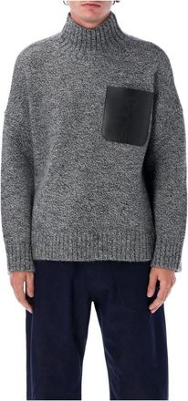 J.W.Anderson Grijze Gebreide Kleding Aw 25 Leren Patch Trui - Heren - Coltruien - Grijs - M - Wol - Truien & Vesten