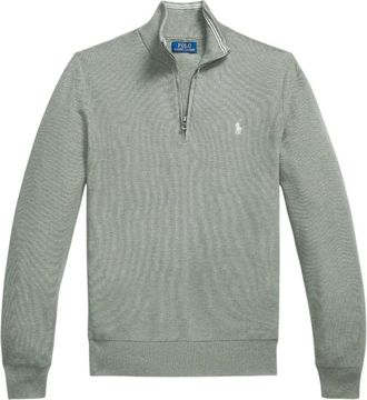 Ralph Lauren Mesh-Knit Katoenen Sweater met Korte Rits - Heren - Coltruien - Groen - XL - Katoen - Truien & Vesten