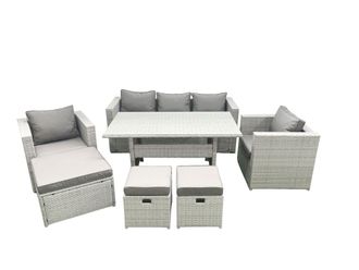 Fimous Garden Dining Set Outdoor Rattan Furniture Set with Sofa Dining Table 2 Chairs 3 Footstools Light Grey Mixed
