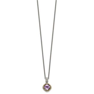 Diamond2Deal Sterling Silver with 14K Accent Cushion Pink Quartz Pendant Necklace