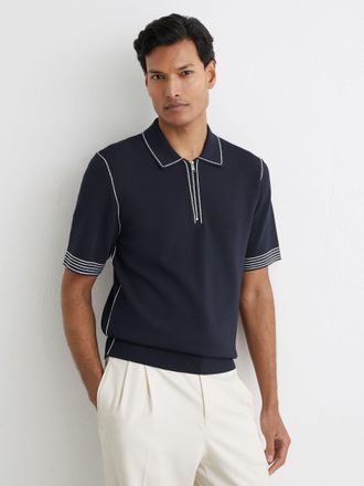 Reiss Navy Stitch-detail Half-zip Polo Shirt, Xxl