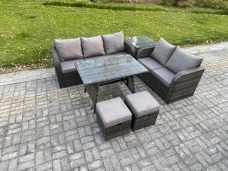 Fimous High Back PE Rattan Sofa Set Outdoor Garden Furniture Dining Table Set Love Sofa 3 Seater Sofa 2 Small Footstool in Dark Grey