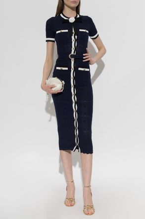 Self Portrait Pencil Dress With Belt, Womens, Navy Blue