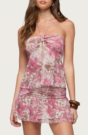 Edikted Tessa Floral Print Split Front Halter Top in Mix at Nordstrom, Size X-Large