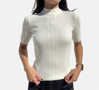 Tricot Chic Short Sleeve Cable Knit Top In Cream