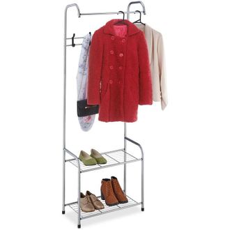 Relaxdays Relaxdays - Stand Appendiabiti con 2 Ripiani Porta Scarpe, 1 Asta Attaccapanni, 4 Appendini, hlp: 173x60x31 cm, Grigio