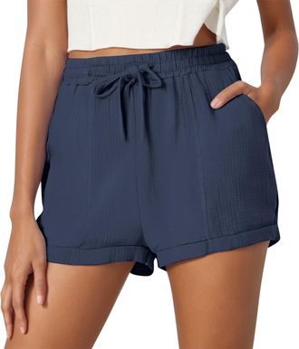 Generic Linen Shorts Women Ladies Solid Colour Drawstring with Pockets Elastic Waist Loose Casual Pants Summer Clothes Beach Walking Pants for Women UK Solid 