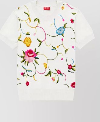 Kenzo silk wool floral embroidered ribbed short sleeve sweater