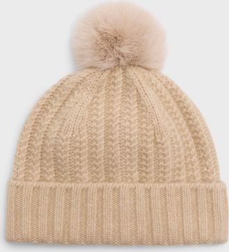 Sofiacashmere Braided Knit Cashmere Beanie With Faux Fur Pom