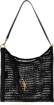 Saint Laurent Schoudertas van Geweven Raffia met Monogram - Dames - Tassen - Zwart - Maat: ONE Size Leer