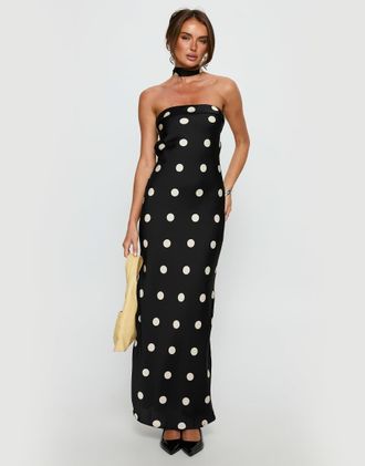 Princess Polly Madilaine - Vestito lungo a fascia in raso nero a pois con risvolto e sciarpa