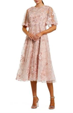 Mac Duggal Womens Flutter Sleeve Embroidered Midi Dress in Blush at Nordstrom, Size 18