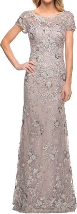 La Femme Lace Evening Dress In Lavender/grey