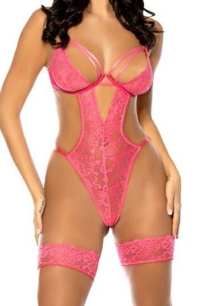 Oh l&agrave; l&agrave; Ch&eacute;ri Genesis Strappy Lace Teddy & Garters in Raspberry at Nordstrom Rack, Size Large/x-Large