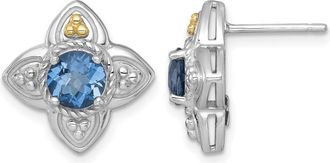 Diamond2Deal Sterling Silver Rhodium-plated with 14k Accent Round London Blue Topaz Flower Stud Earrings