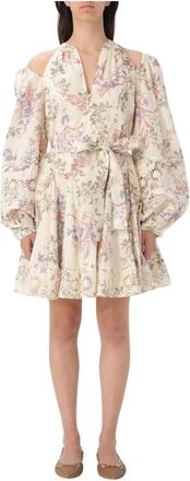 Twinset Bloemen Pofmouw Mini Jurk - Dames - Korte kleedjes - Veelkleurig - M - Katoen - Kleedjes