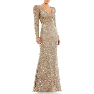 Mac Duggal Puff Shoulder Long Sleeve Sequined Surplice Gown in Shimmering Gold at Nordstrom, Size 4