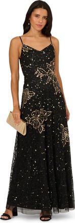 Adrianna Papell Womens Bead Mesh Flower Dress - Black - Size 12 UK