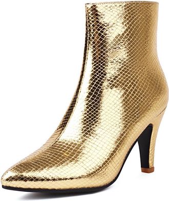 Generic Womens Ankle Boots With Metallic Snakeskin Print Pointed Toe Stiletto Heels Slip-On Design Vibrant Color Sleek Silhouette Soft Inner Lining Durable Ou