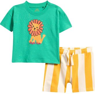 Next Lion Cotton T-Shirt & Stripe Shorts Set in Green at Nordstrom, Size 9-12M