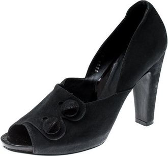 Sergio Rossi Black Suede Button Peep Toe Pumps