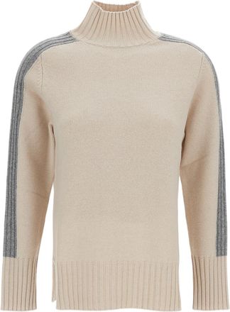 Lorena Antoniazzi Beige Mock Neck Sweater With Contrasting Grey Stripes