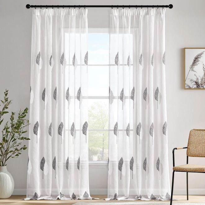 Miulee Gardinen Vorhänge mit Kräuselband, Vorhang Wohnzimmer Braun und Weiß Blätter Muster, Schöne Stickerei Gardine 2er Set Modern Schlafzimmer Fenster H 26 ab 25,99 €