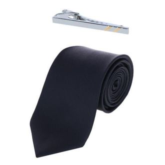 Trafalgar Store Sutton Silk Neck Tie & Rhodium and Gold Tie Bar Set in Black at Nordstrom