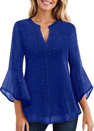 Generic Sparkly Tops for Women UK Sheer Mesh Flared Sleeve Blouse V Neck Swing Blouse Sequin Decor Plain Purple Wine T Shirt Glitter Tunic Shirt Loose Elegant