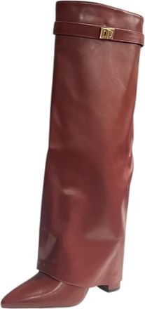 Generic Women Faux Leather Knee High Fashion Fold Over Block Heel Comfy Boots (Maroon, One Size, UK Footwear Size System, Adult, Women, Numeric, Medium, 6.5)