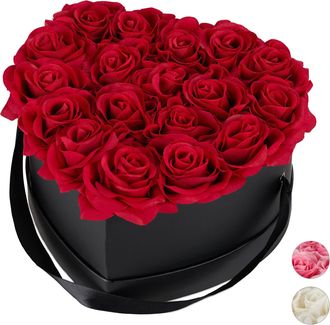 Relaxdays Box Di Rose A Forma Di Cuore, 18 Rose, Nero, Resistente 10 Anni, Idea Regalo, Box Decorativo, Rossi - Relaxdays