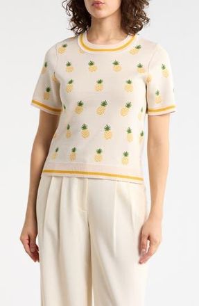 Adrianna Papell Short Sleeve Jacquard Sweater in Cream Pineapple at Nordstrom Rack, Size X-Large