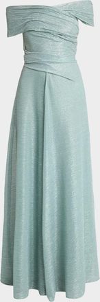 Talbot Runhof Draped Off-The-Shoulder Metallic Plisse Gown