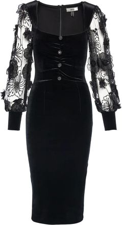 Nissa Midi-jurk verfraaid met bloemen - Zwart