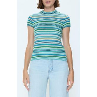 Pistola Denim Selene Stripe Cotton Short Sleeve Sweater in Blue Green Multi at Nordstrom, Size X-Small