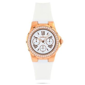 Peugeot Summer Crystal Bezel Silicone Rubber Watch- 38MM in White at Nordstrom