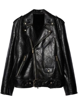 Off-white crinkled leather biker jacket - Black