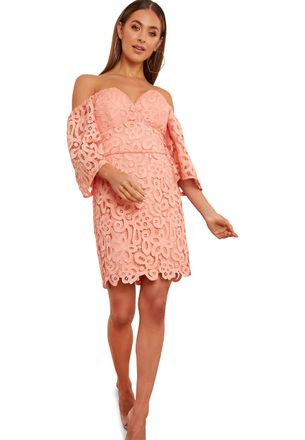 Chi Chi London Womens Bardot Premium Lace Mini Dress in Orange Special Occasion, 16