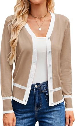 Grace Karin Lightweight Fall Cardigans for Women Long Sleeve Button Up Sweaters Casual Knit Top(Beige White,M)